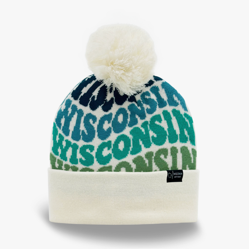 Northern Icons Creations Knit Pom Beanie –White/Blue Wisconsin Hat