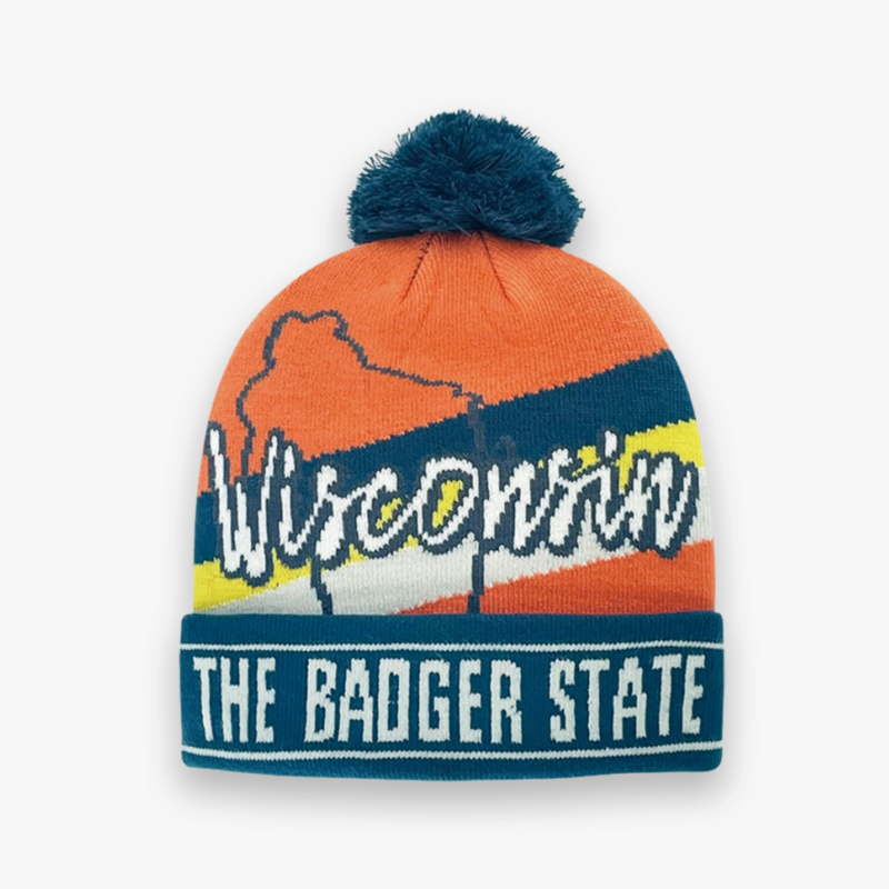 Northern Icons Creations Knit Pom Beanie –Orange/Blue Wisconsin Hat