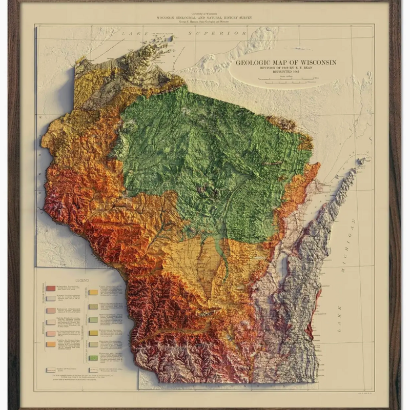 Muir Way Wisconsin 1965 Shaded Relief Map 22x24