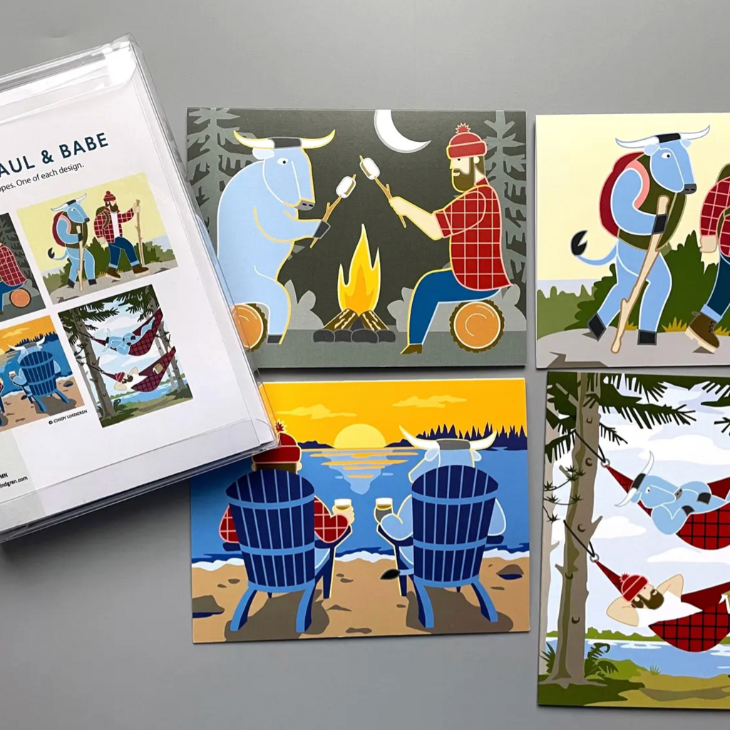 Cindy Lindgren 4 Card Pack - Paul Bunyan and  Babe at Cabin