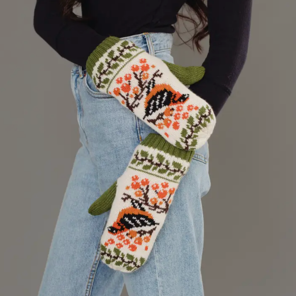 Panache (Faire) Olive & Cream Bird Pattern Knit Mittens
