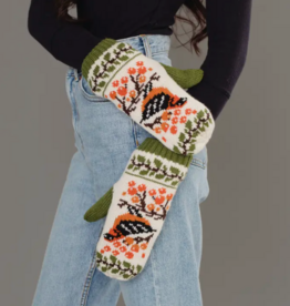 Panache (Faire) Olive & Cream Bird Pattern Knit Mittens