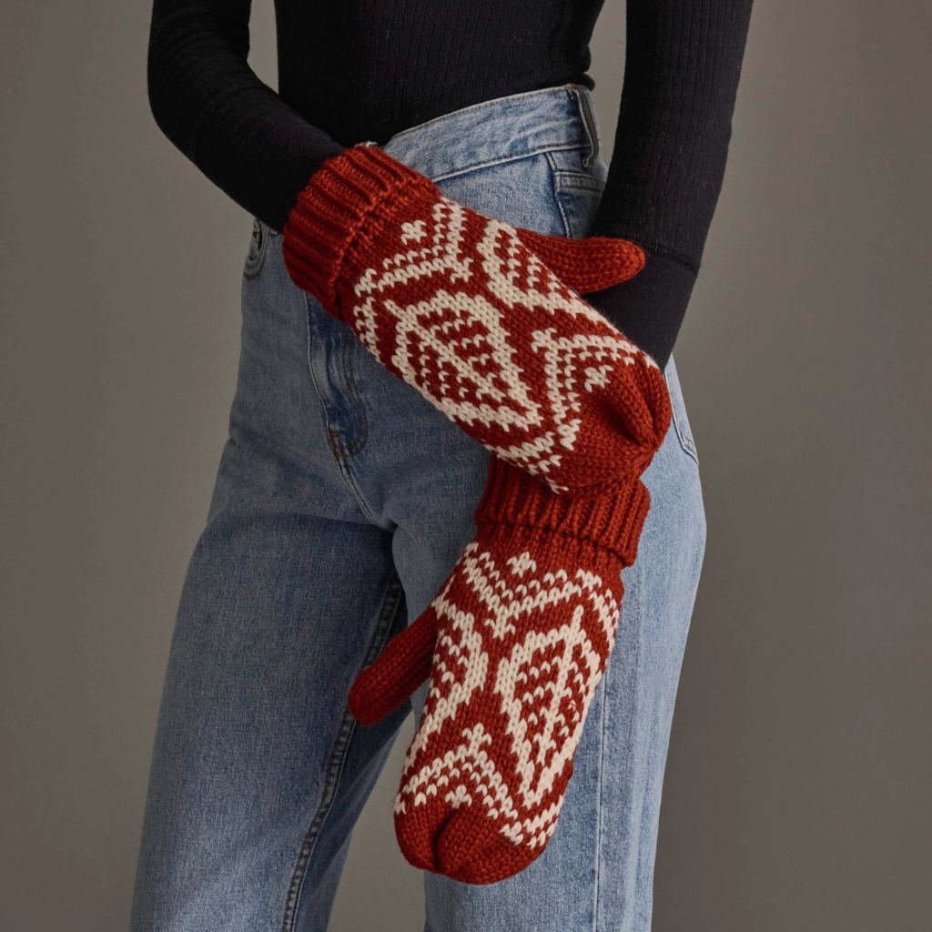 Panache (Faire) Rust & Beige Patterned Knit Mittens