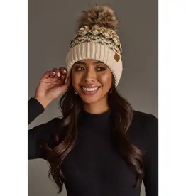 Panache (Faire) Beige, Mustard & Green Patterned Pom Hat