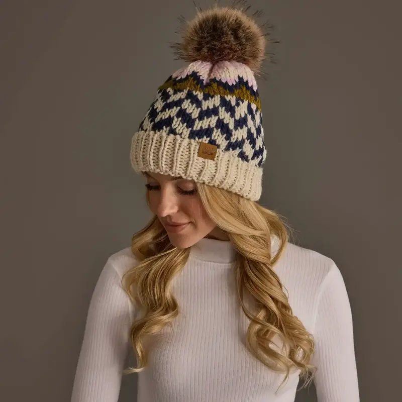 Panache (Faire) Beige, Navy & Lt. Pink Patterned Pom Hat