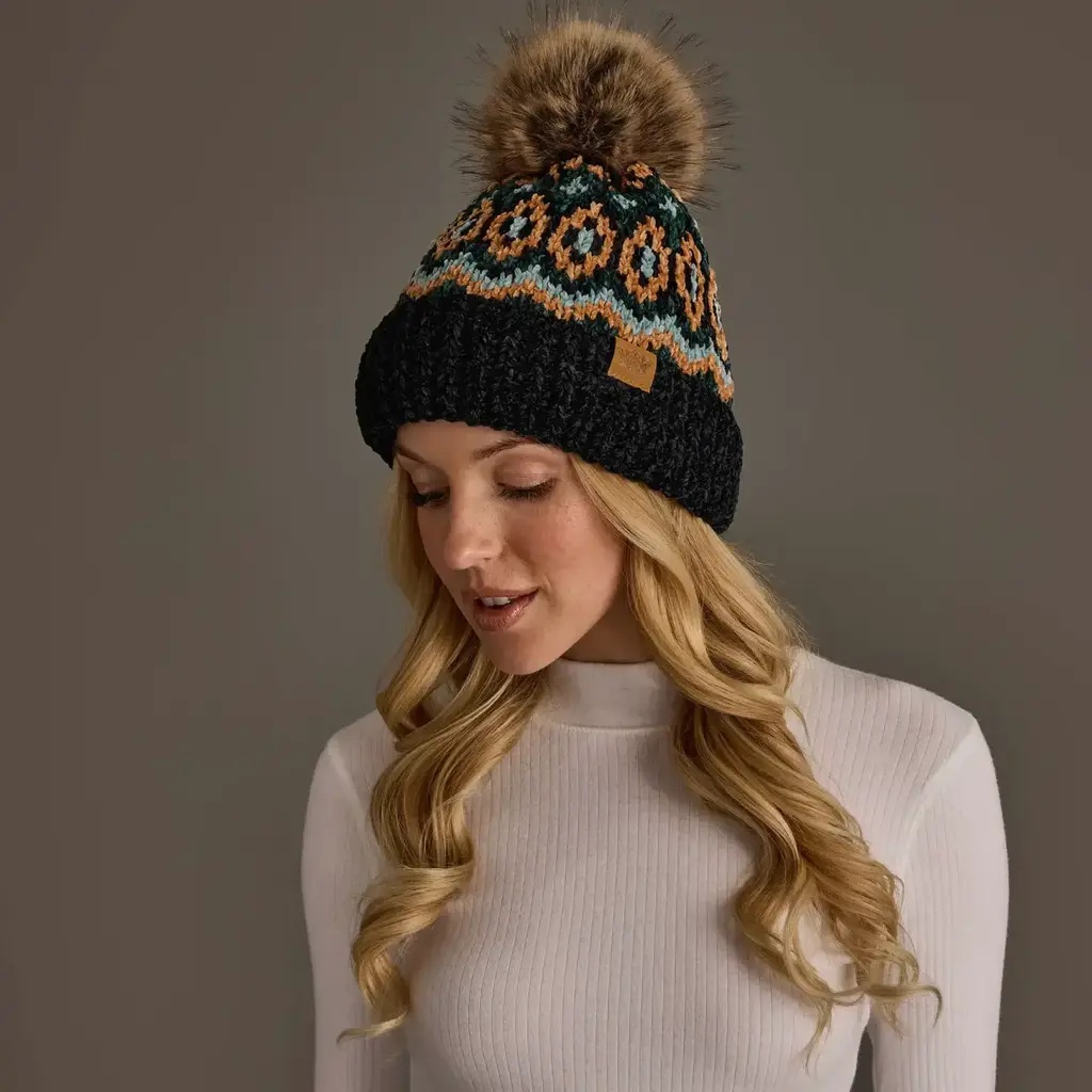 Panache (Faire) Black & Multicolored Patterned Chenille Pom Hat