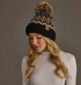 Panache (Faire) Black & Multicolored Patterned Chenille Pom Hat
