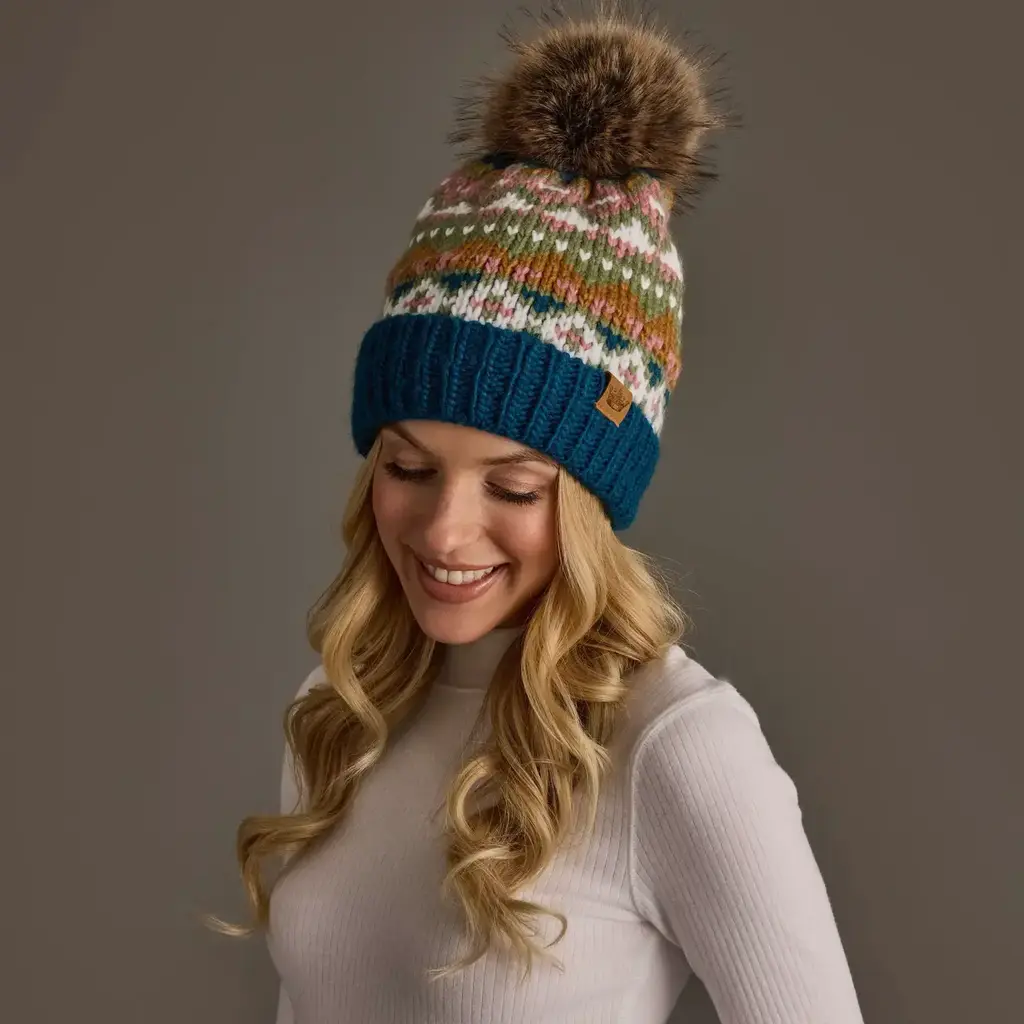 Panache (Faire) Blue, Green, Pink & Brown Patterned Pom Hat