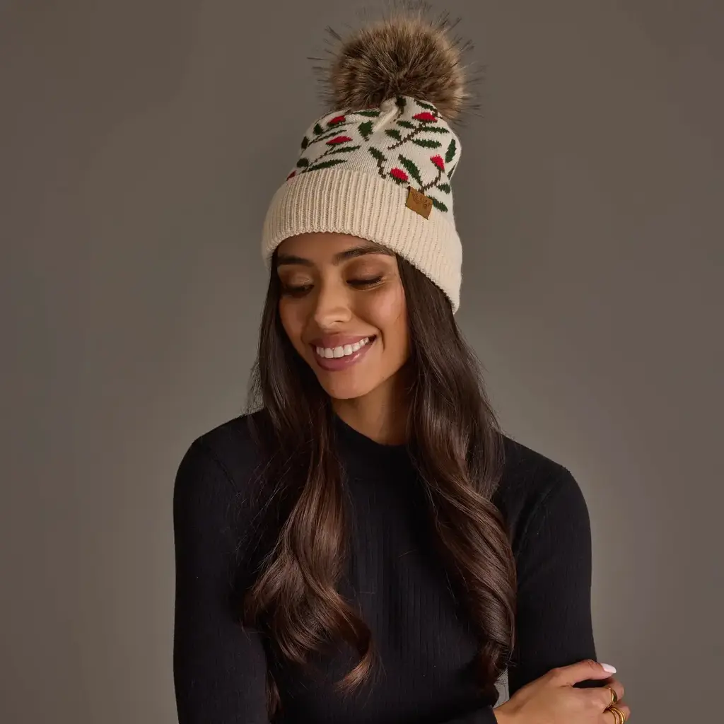 Panache (Faire) Cream Floral Pattern Knit Pom Hat