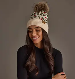 Panache (Faire) Cream Floral Pattern Knit Pom Hat