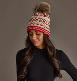 Panache (Faire) Cream, Red & Pink Floral Pattern Pom Hat