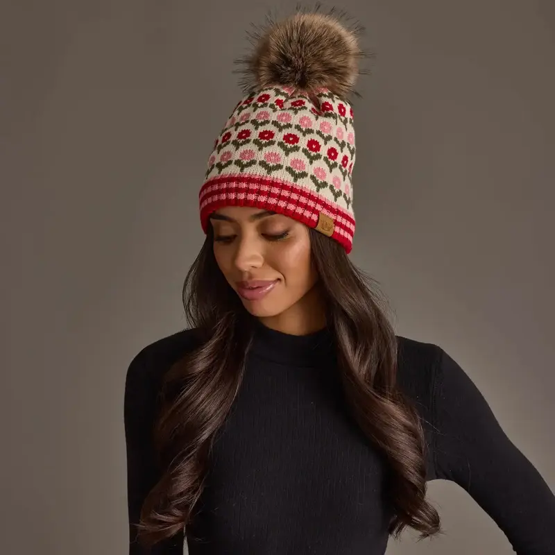 Panache (Faire) Cream, Red & Pink Floral Pattern Pom Hat