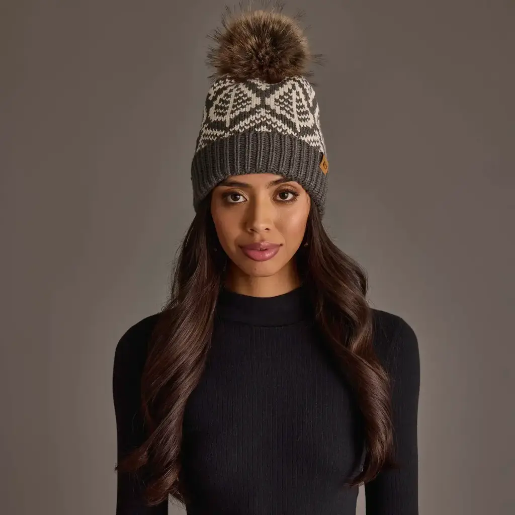 Panache (Faire) Gray & Beige Patterned Knit Pom Hat