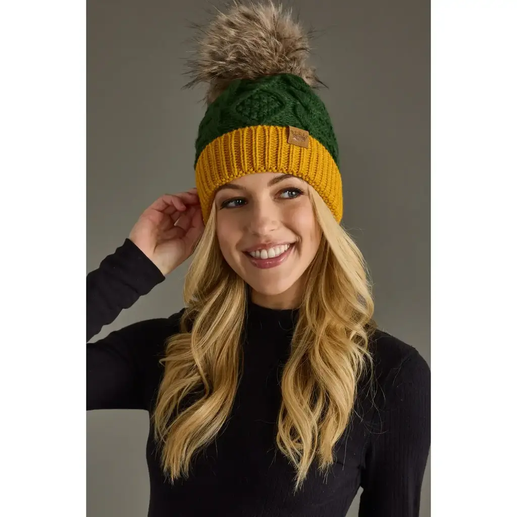 Panache (Faire) Green & Gold Trim Cable Knit Pom Hat