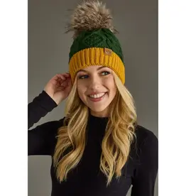 Panache (Faire) Green & Gold Trim Cable Knit Pom Hat
