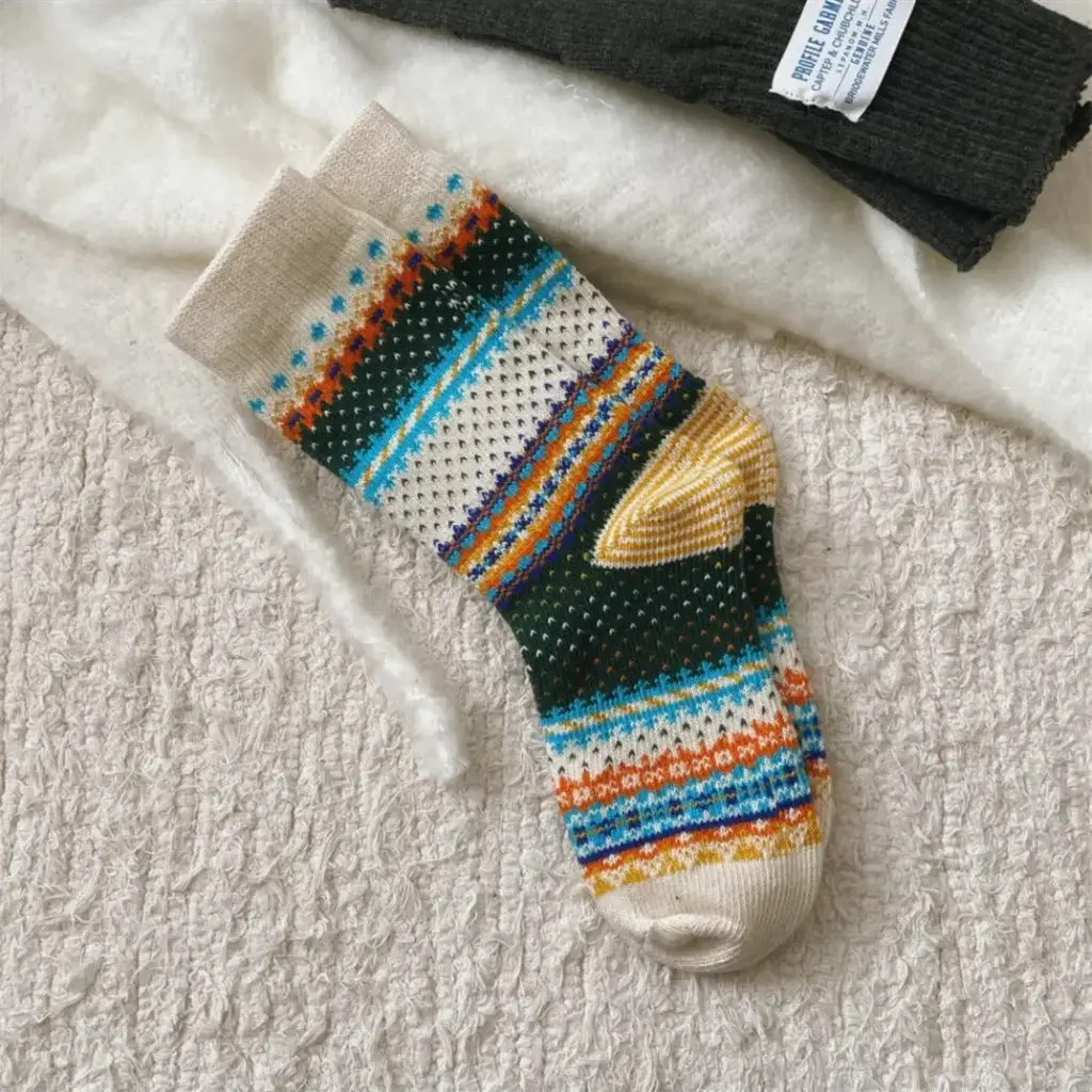 Rufia - Retro Checkered Knit Crew Socks For Winter - Beige