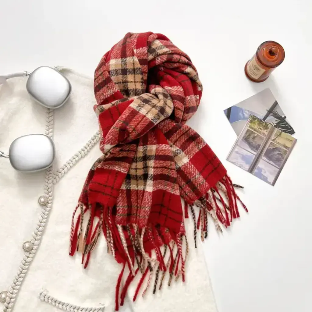 Scarvii - Classic Checkered Cozy Winter Scarf - Red