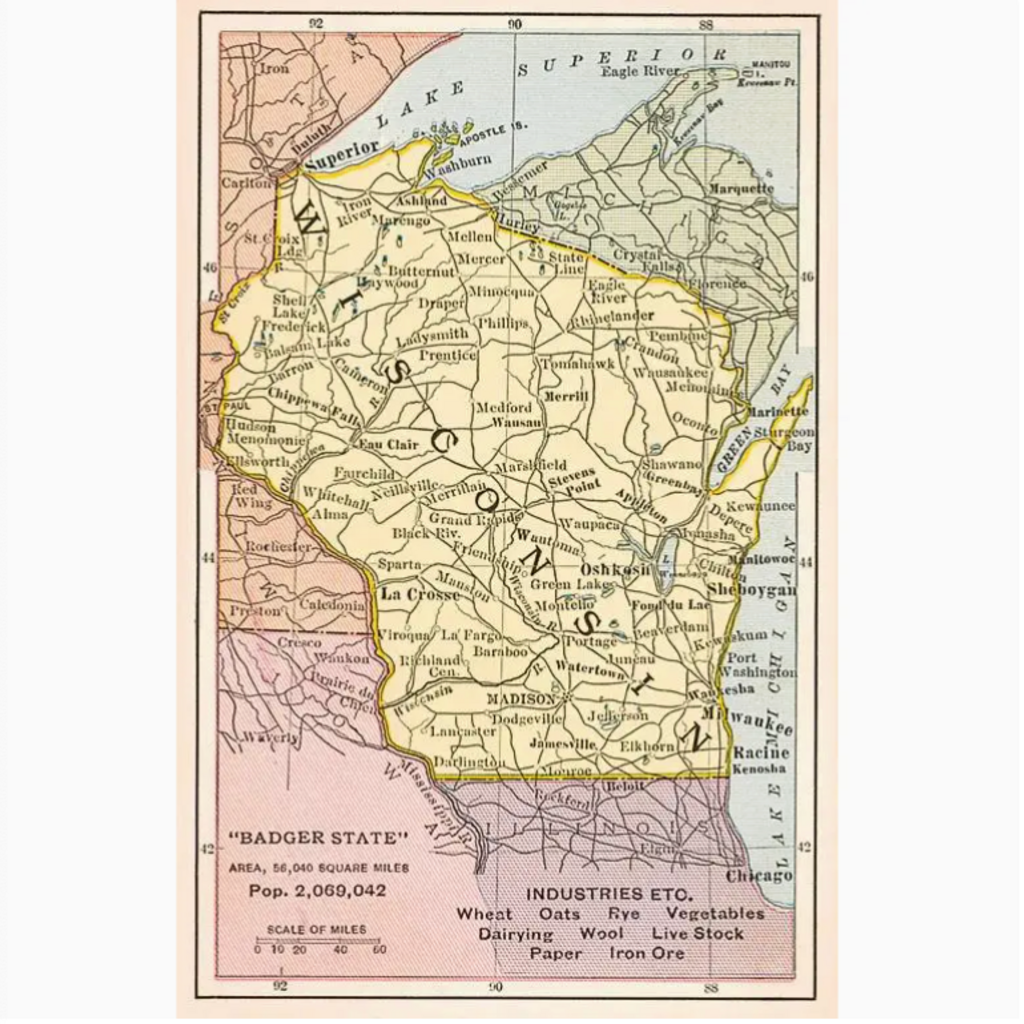 Found Image Press Postcard WI-253 Map of Wisconsin