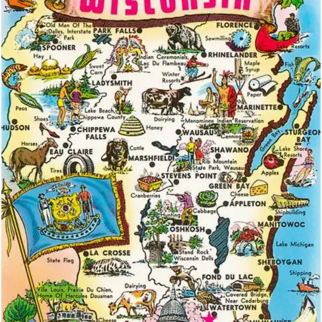 Found Image Press Postcard WI-302 Map of Wisconsin, Attractions