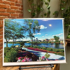 Maureen McRaith Greeting Card - Downtown River Bench Day