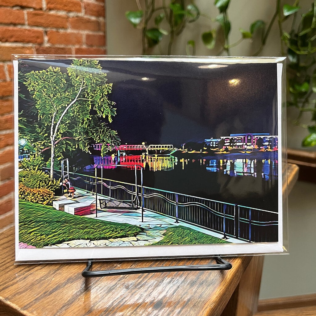 Maureen McRaith Greeting Card - Downtown River Bench Night