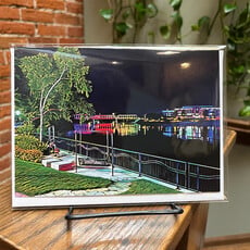 Maureen McRaith Greeting Card - Downtown River Bench Night