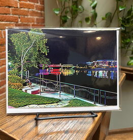 Maureen McRaith Greeting Card - Downtown River Bench Night