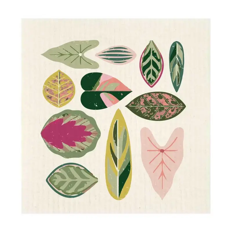 Potluck Press Swedish Dishcloth - Pink & Green Leaves