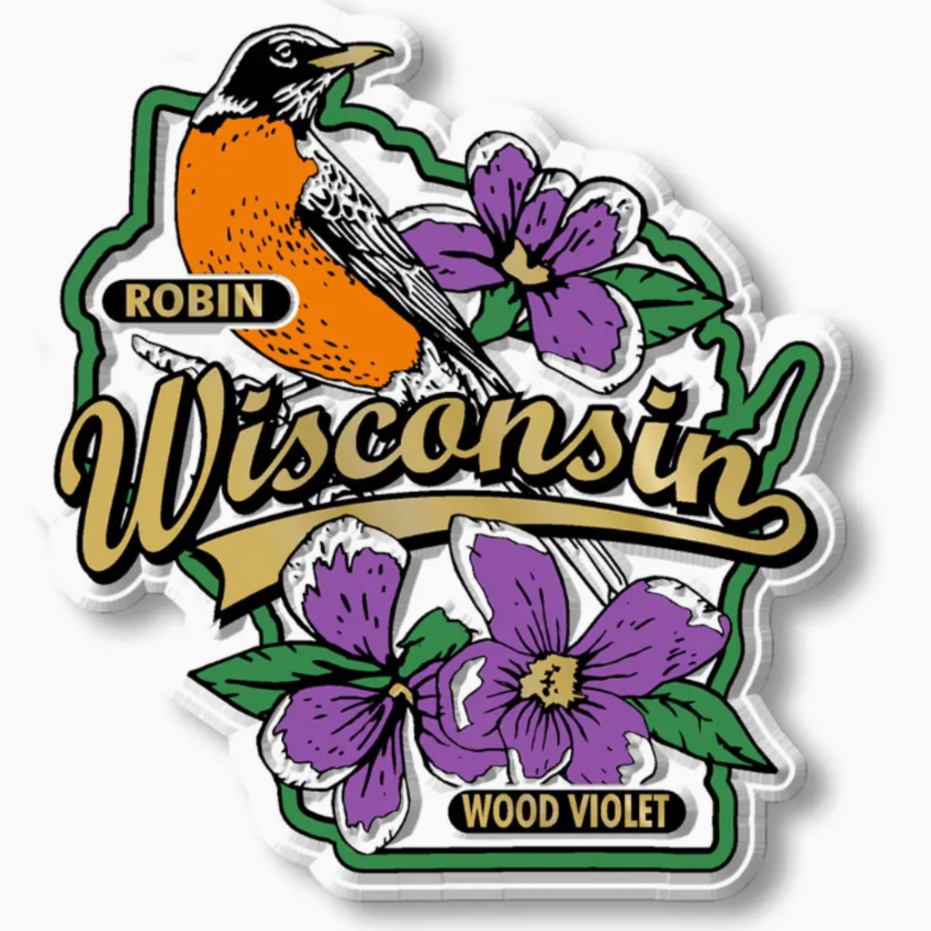 7 Star (Faire) Wisconsin State Bird and Flower Map Magnet Made in USA