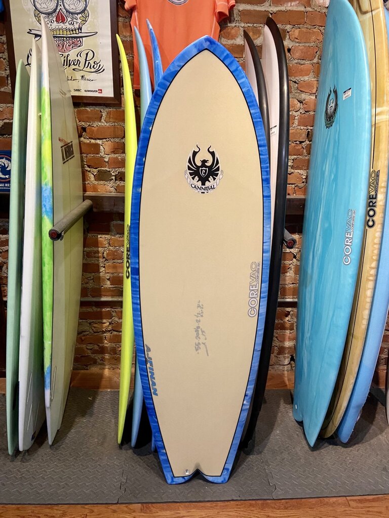CANNIBAL SURFBOARDS 5'5 CANNIBAL SURFBOARDS RETRO CUT LAP TWIN FIN SURFBOARD COLOR: BLUE RAIL