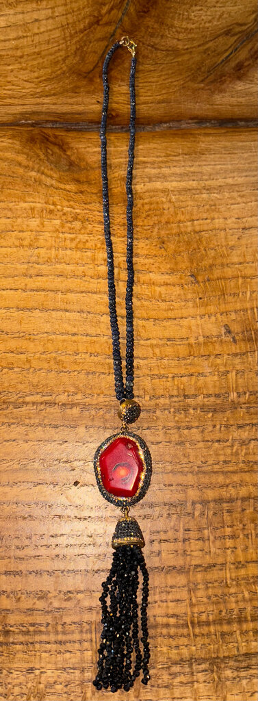 VINTAGE LONG BLACK BEADED TASSEL NECKLACE