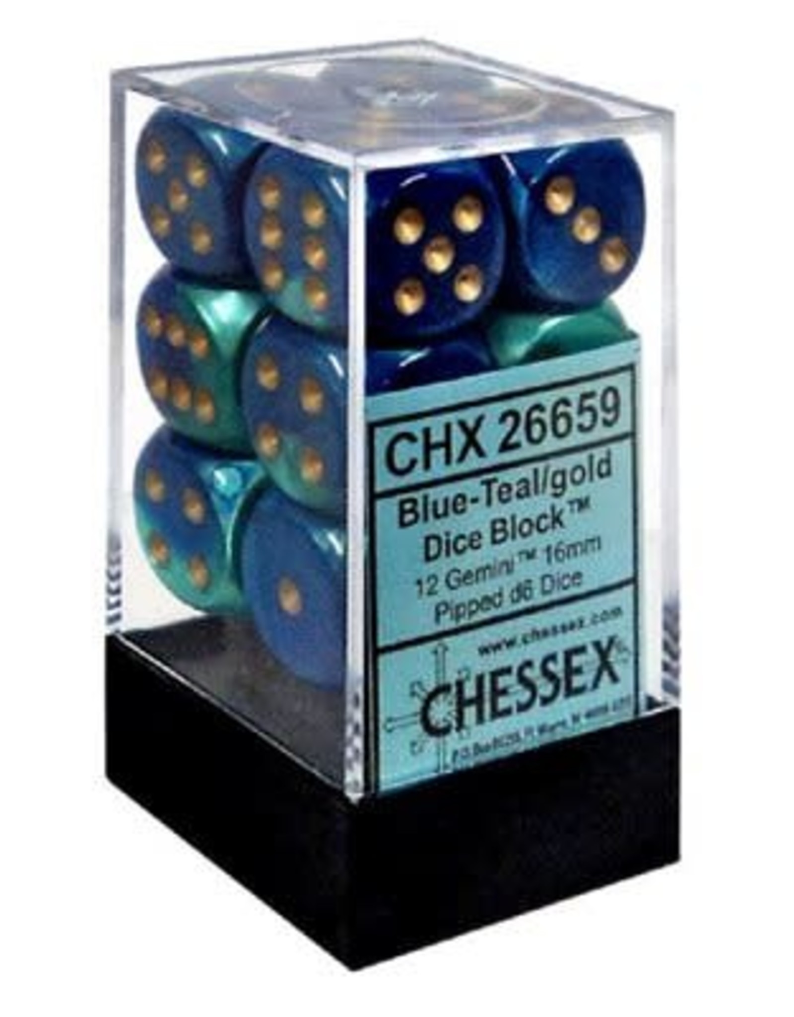 Chessex Dice - 12D6 Gemini - Blue-Teal / Gold