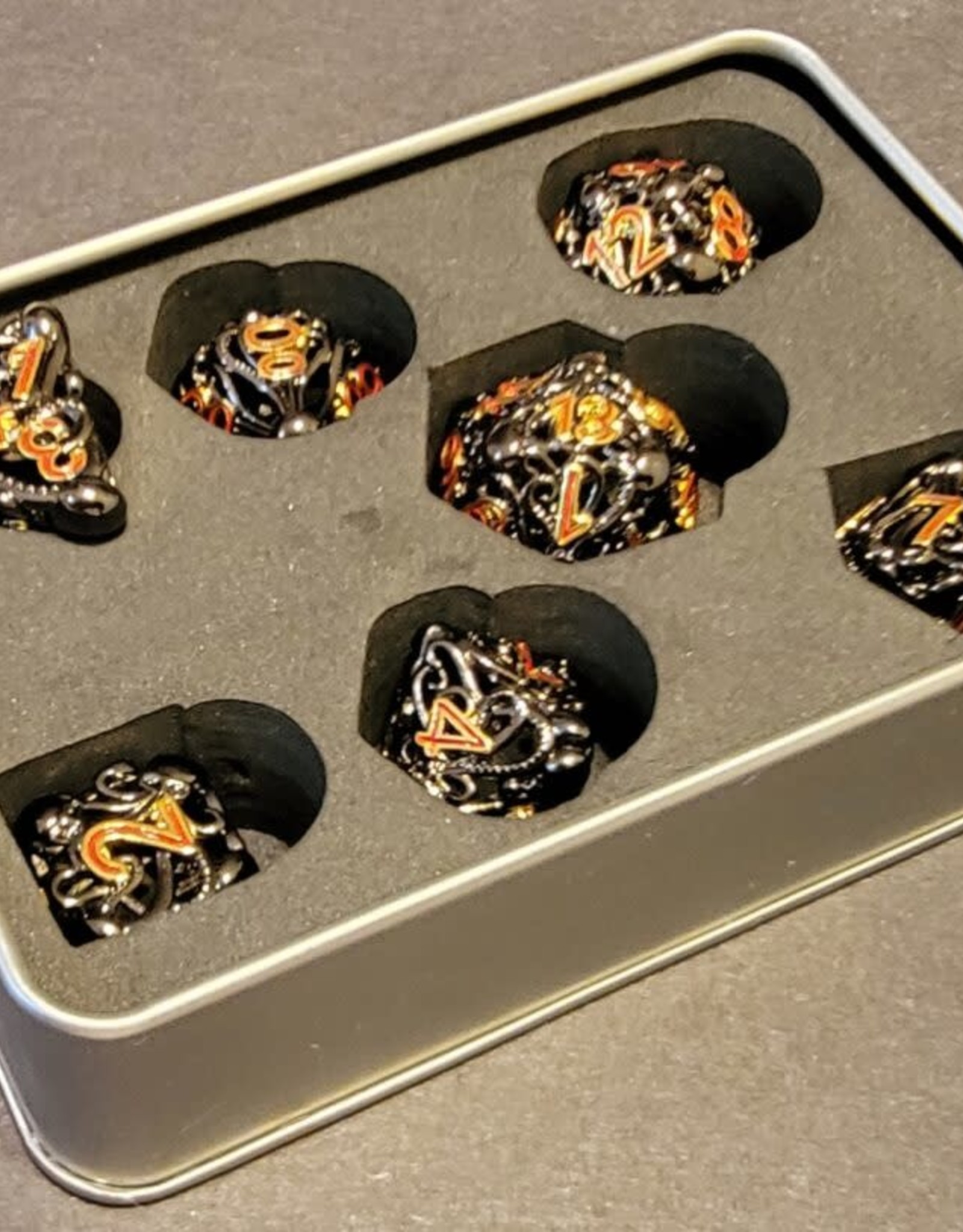 Fifteen4Two Ventures Dice - 7pc Cthulhu's Grip Hollow Metal Polyhedral - Black