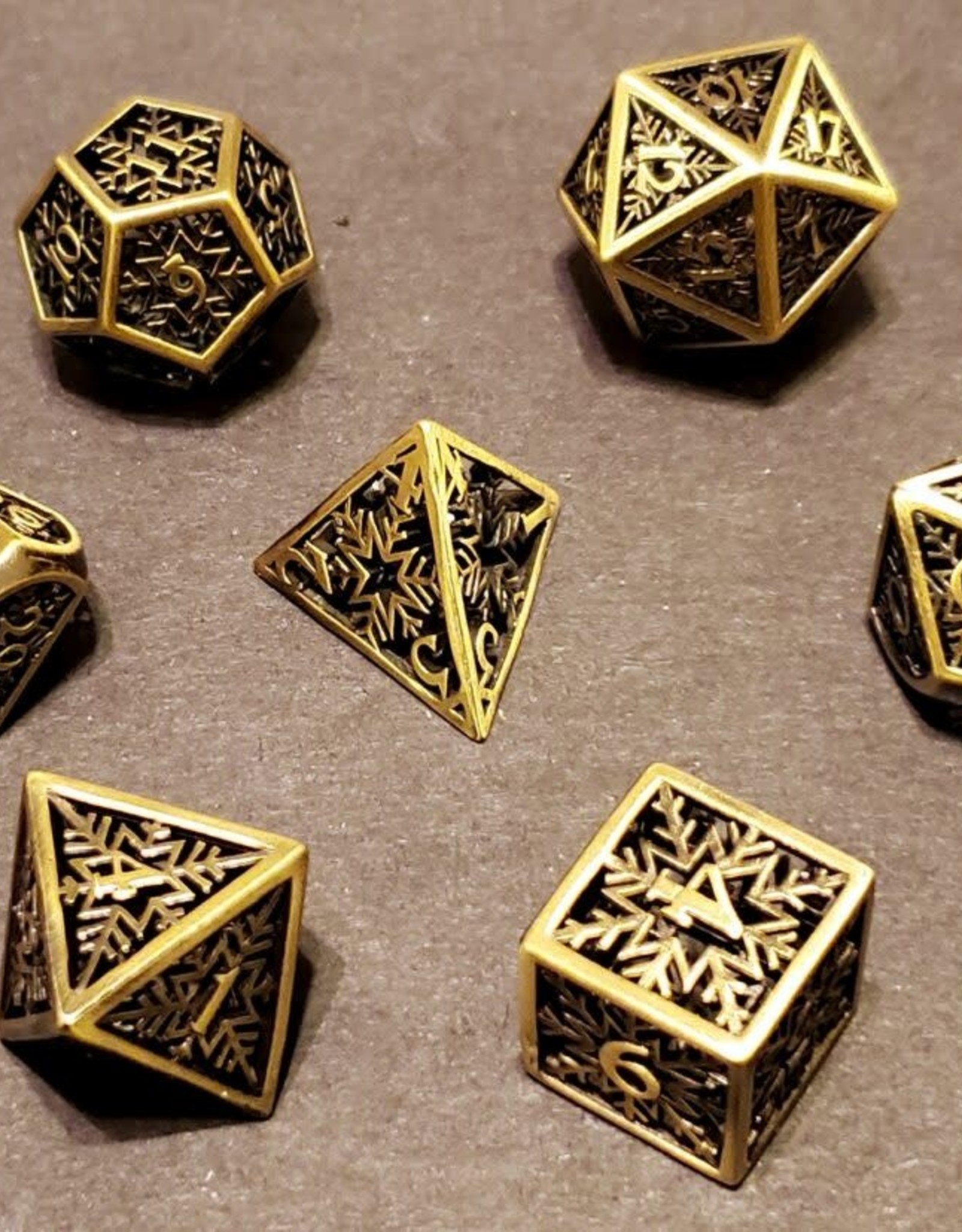 Fifteen4Two Ventures Dice - 7pc Snowflake Hollow Metal Polyhedral - Gold