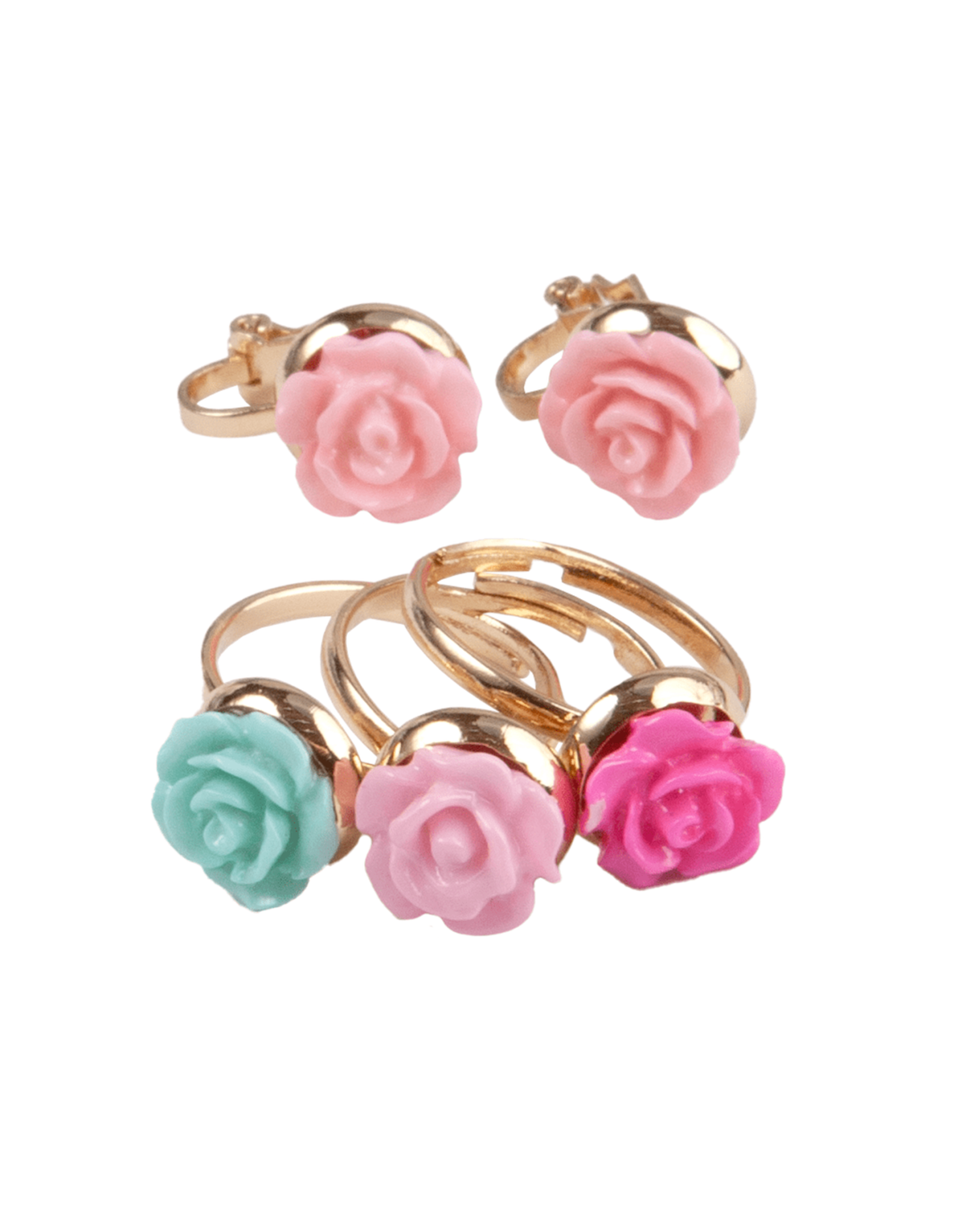 Great Pretenders Boutique Rose Rings & Earring Set, 3 Rings, 1 Set of Clip on Earrings