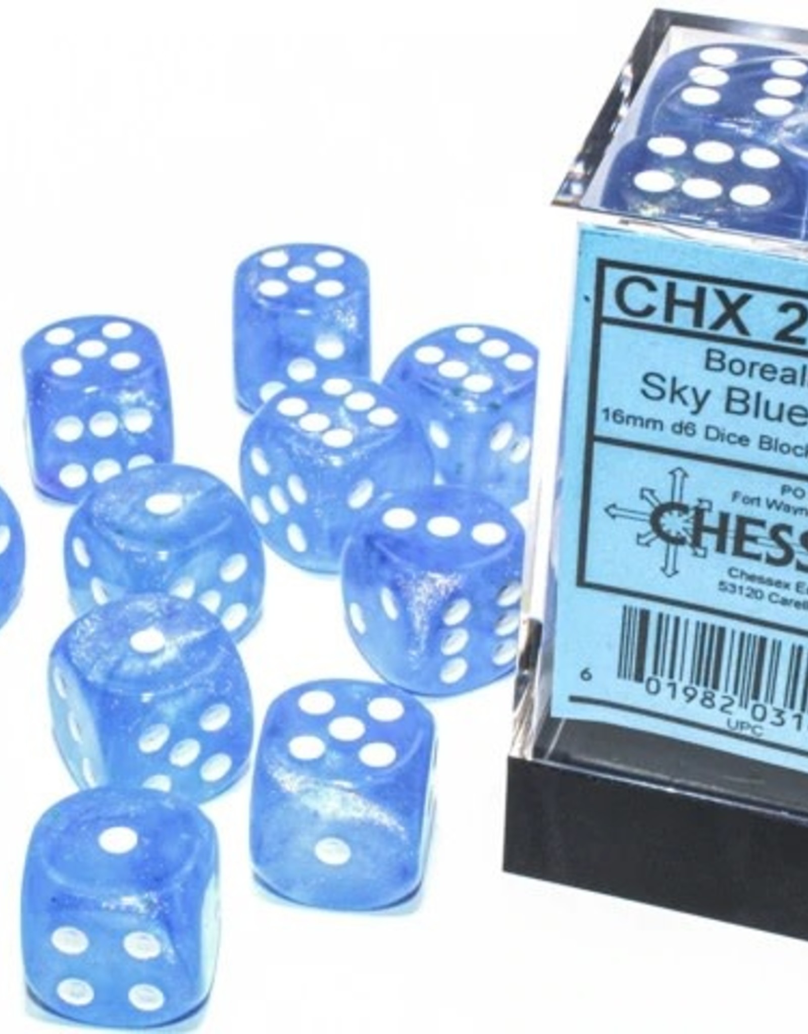 Chessex Dice - Borealis 12D6 Sky Blue/White Luminary (Glow)