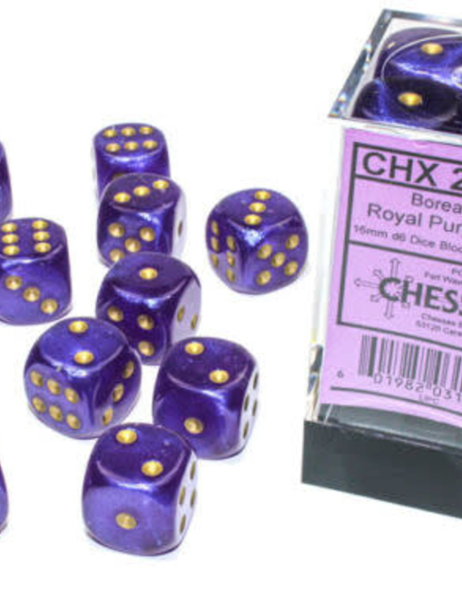 Chessex Dice - 12D6 Borealis Royal Purple/Gold Luminary (Glow)