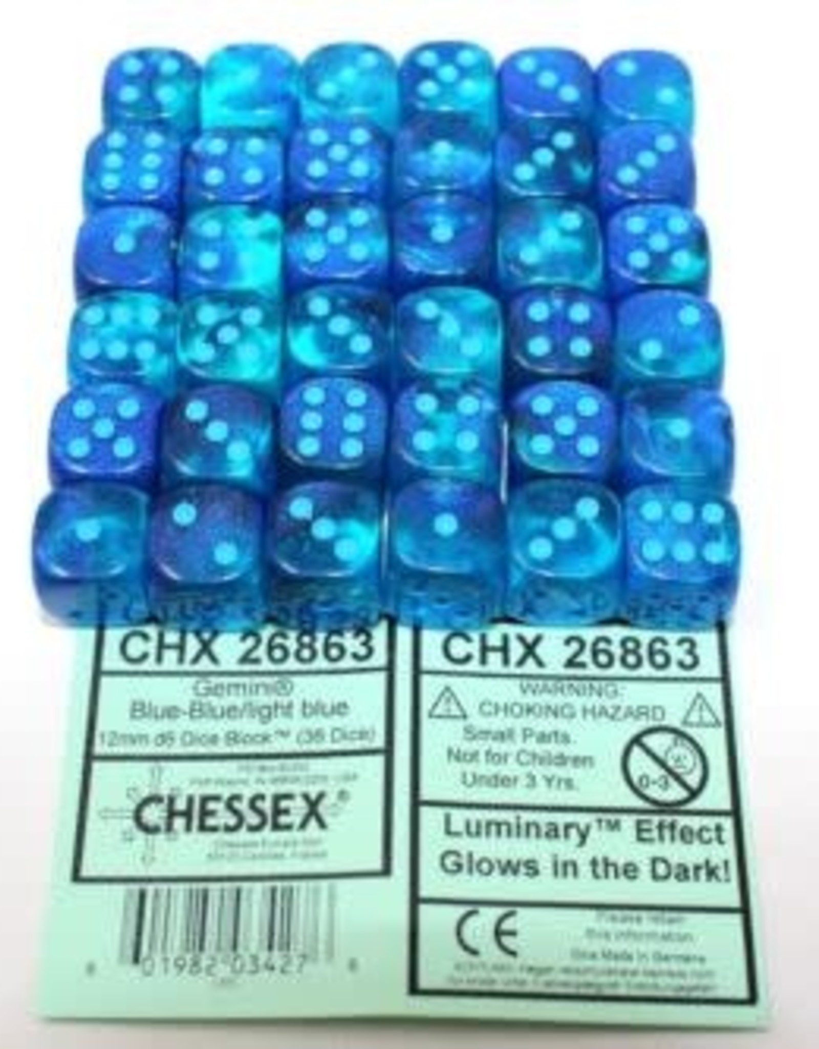 Chessex Dice - 36D6 Gemini  Blue/Light Blue Luminary Dice Block