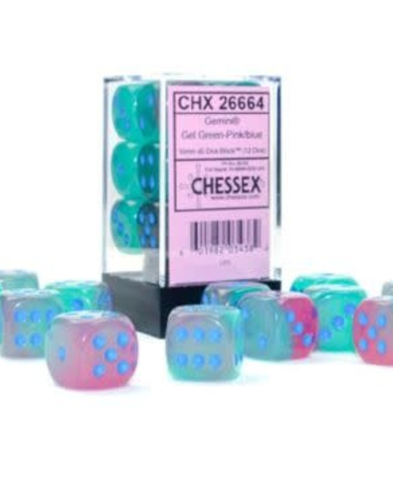 Chessex Dice - 36D6 Gemini  Gel Green-Pink/Blue Luminary Dice Block