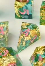 2Crit2Quit Dice - 7pc Handmade Polyhedral - Emerald Gold