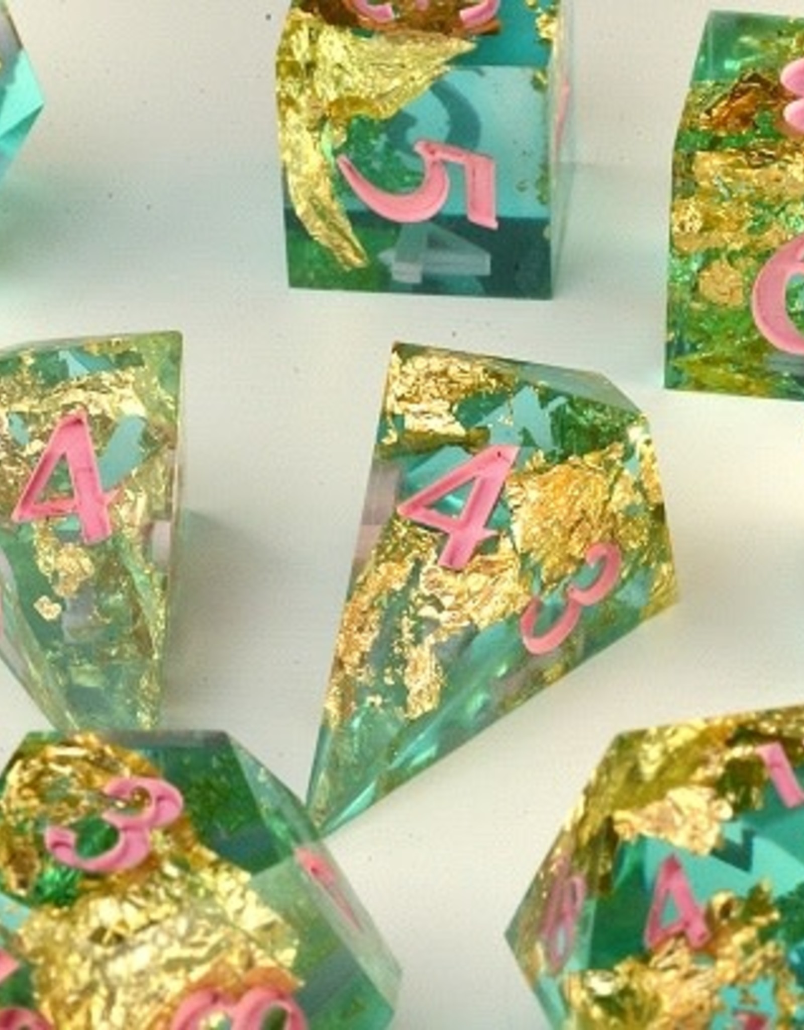 2Crit2Quit Dice - 7pc Handmade Polyhedral - Emerald Gold