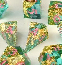 2Crit2Quit Dice - 7pc Handmade Polyhedral - Emerald Gold