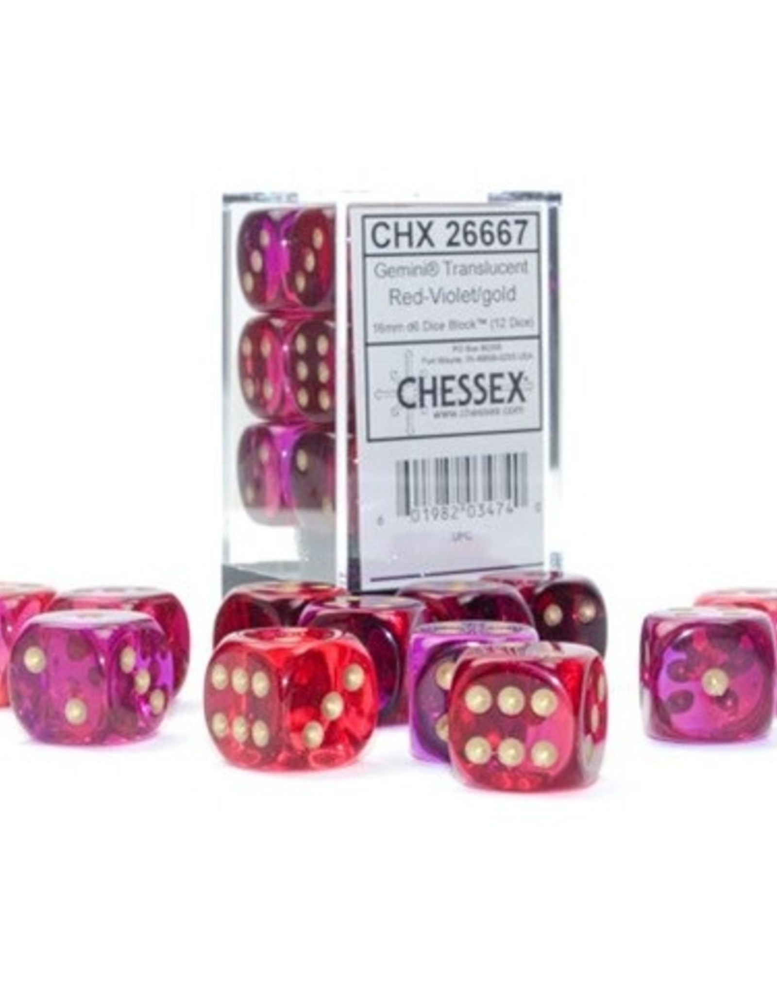 Chessex Dice - 12D6 Gemini Translucent Red-Violet/Gold Dice Block