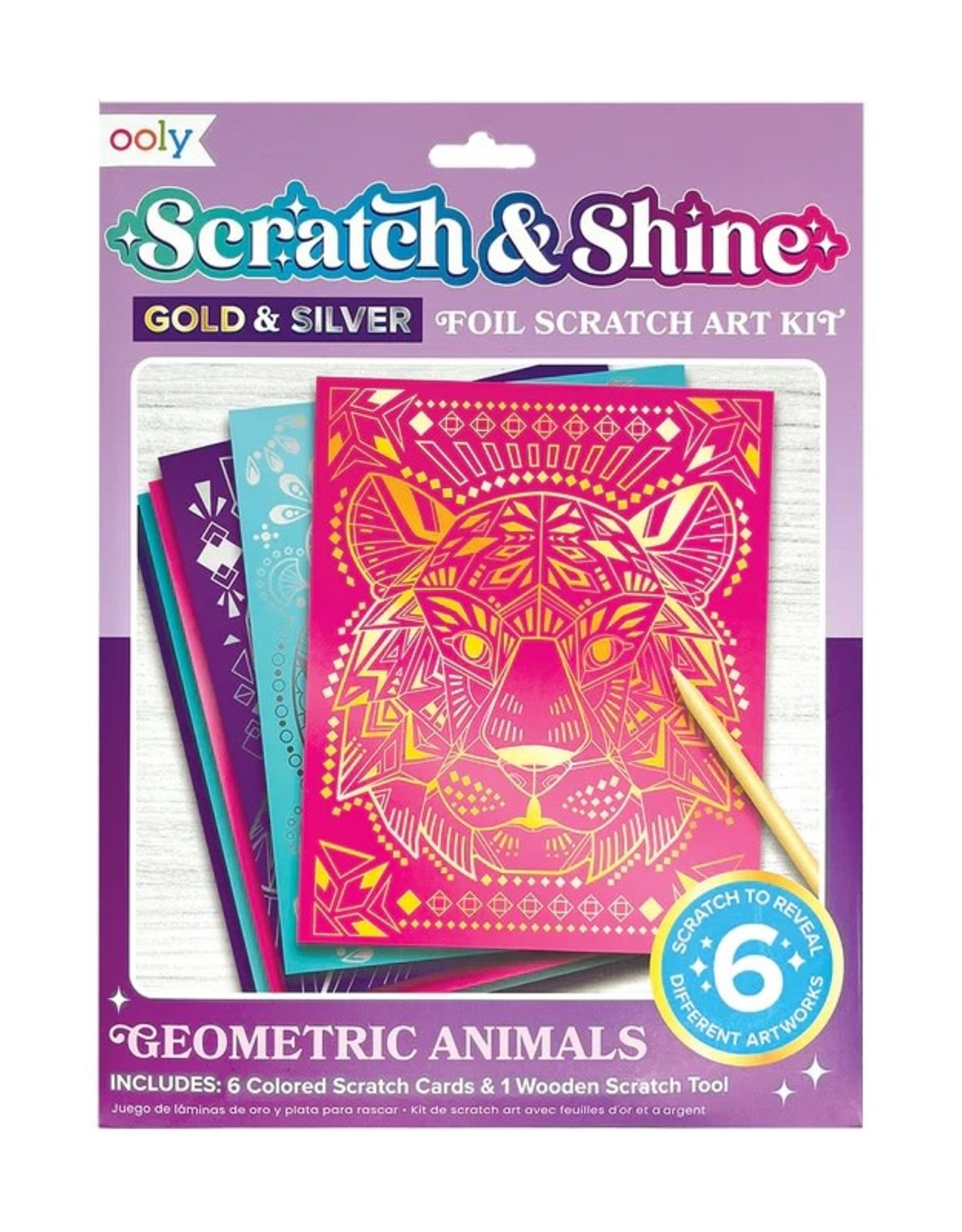OOLY SCRATCH & SHINE FOIL SCRATCH ART KITS- GEO ANIMALS (7 PC SET)