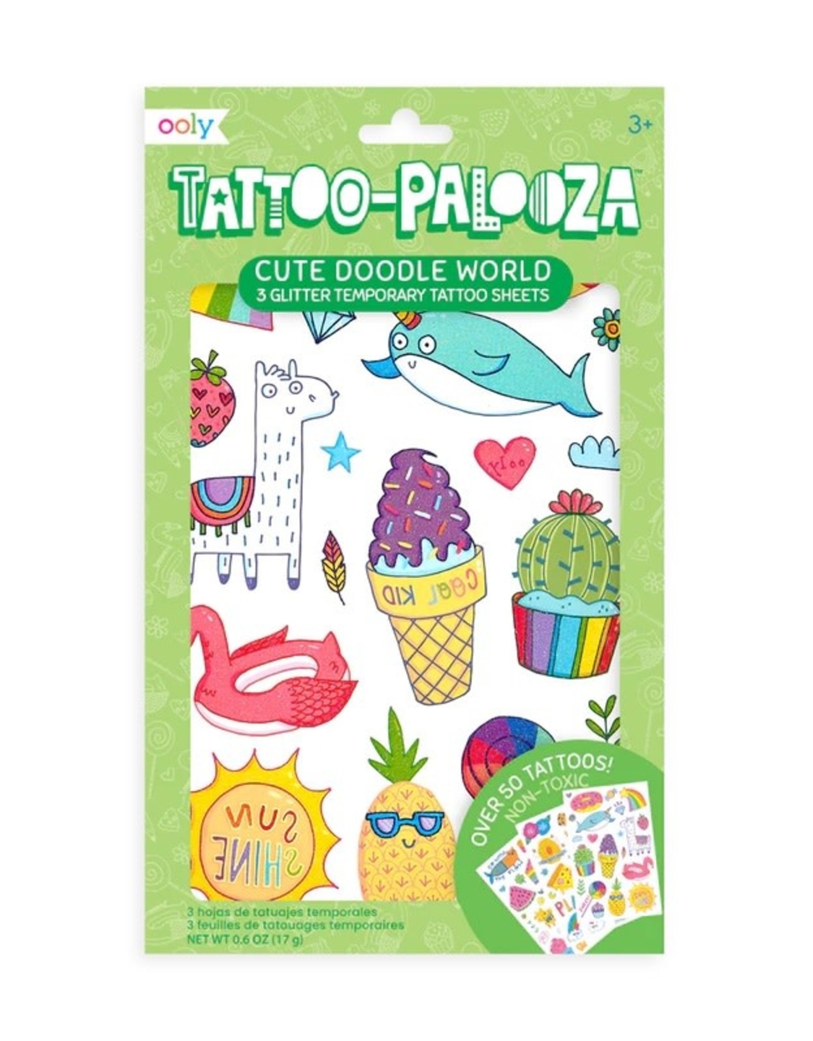 OOLY TATTOO PALOOZA TEMPORARY TATTOO - CUTE DOODLE WORLD - 3 SHEETS