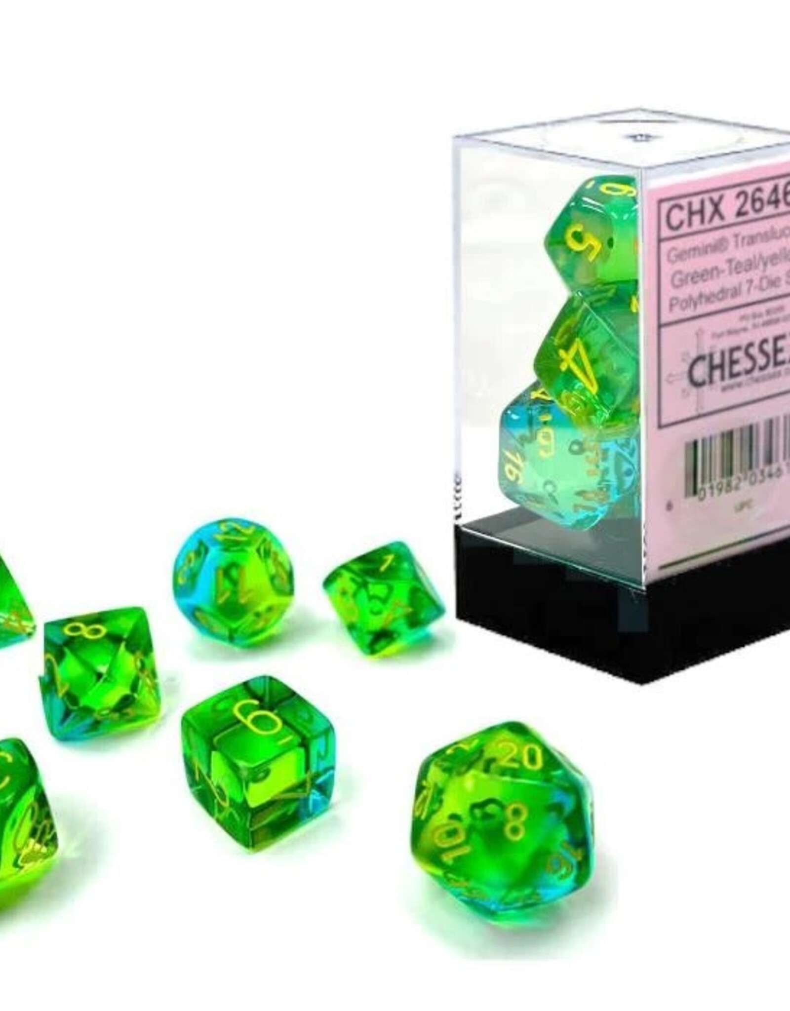 Chessex Dice - 7pc Gemini Translucent Green -Teal/Yellow Polyhedral