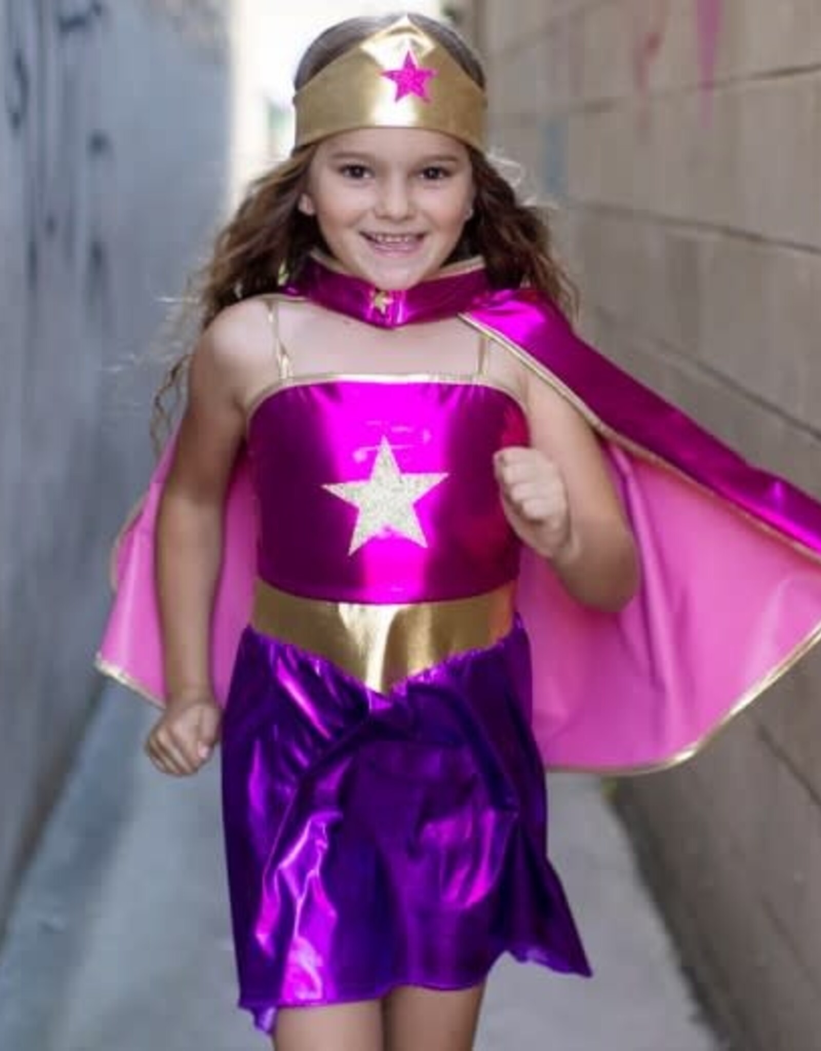 Great Pretenders Superhero Star Dress, Cape & Headpiece, Magenta/Purple, Size 5-6
