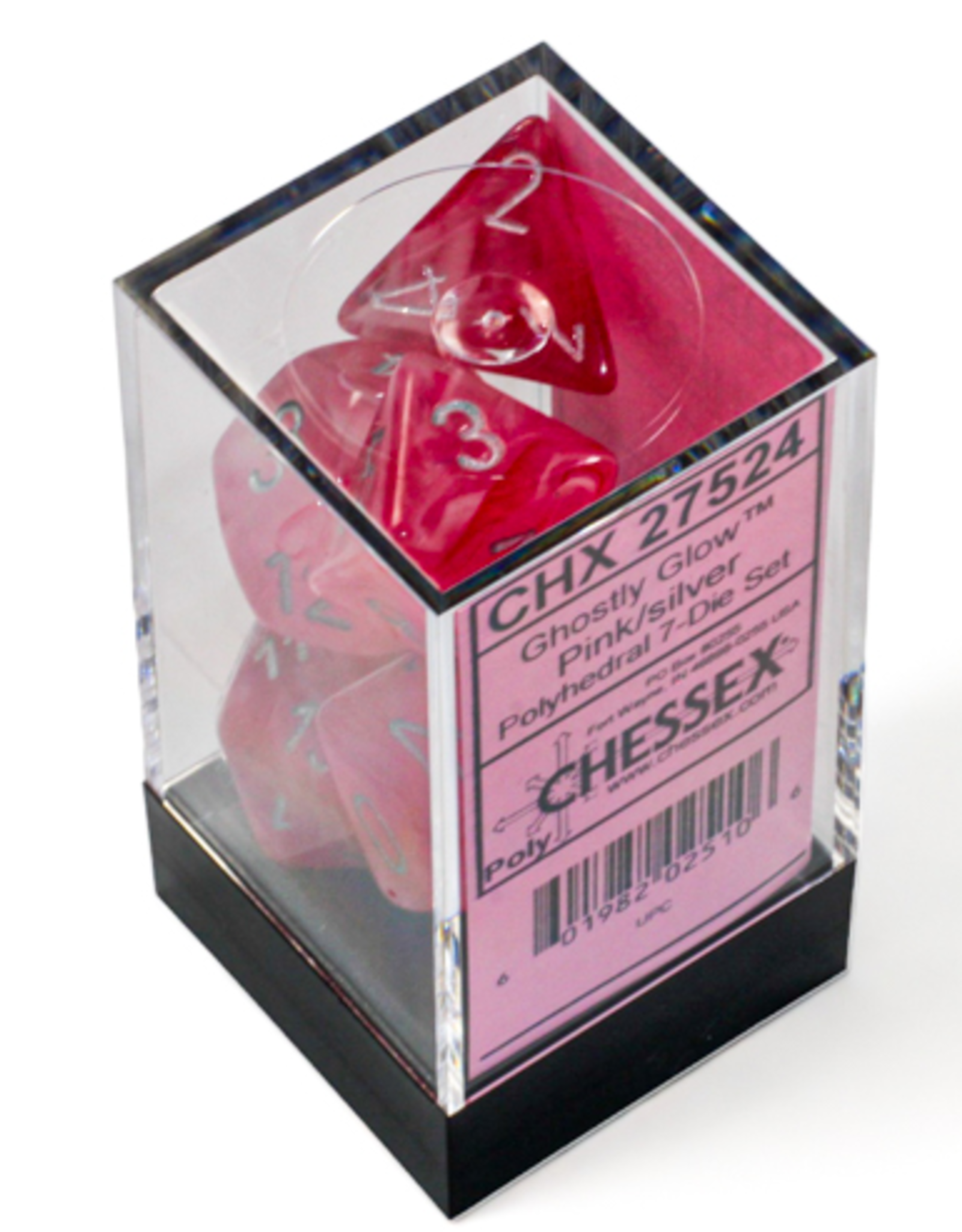 Chessex Dice - 7pc Ghostly Glow - Pink/Silver Polyhedral