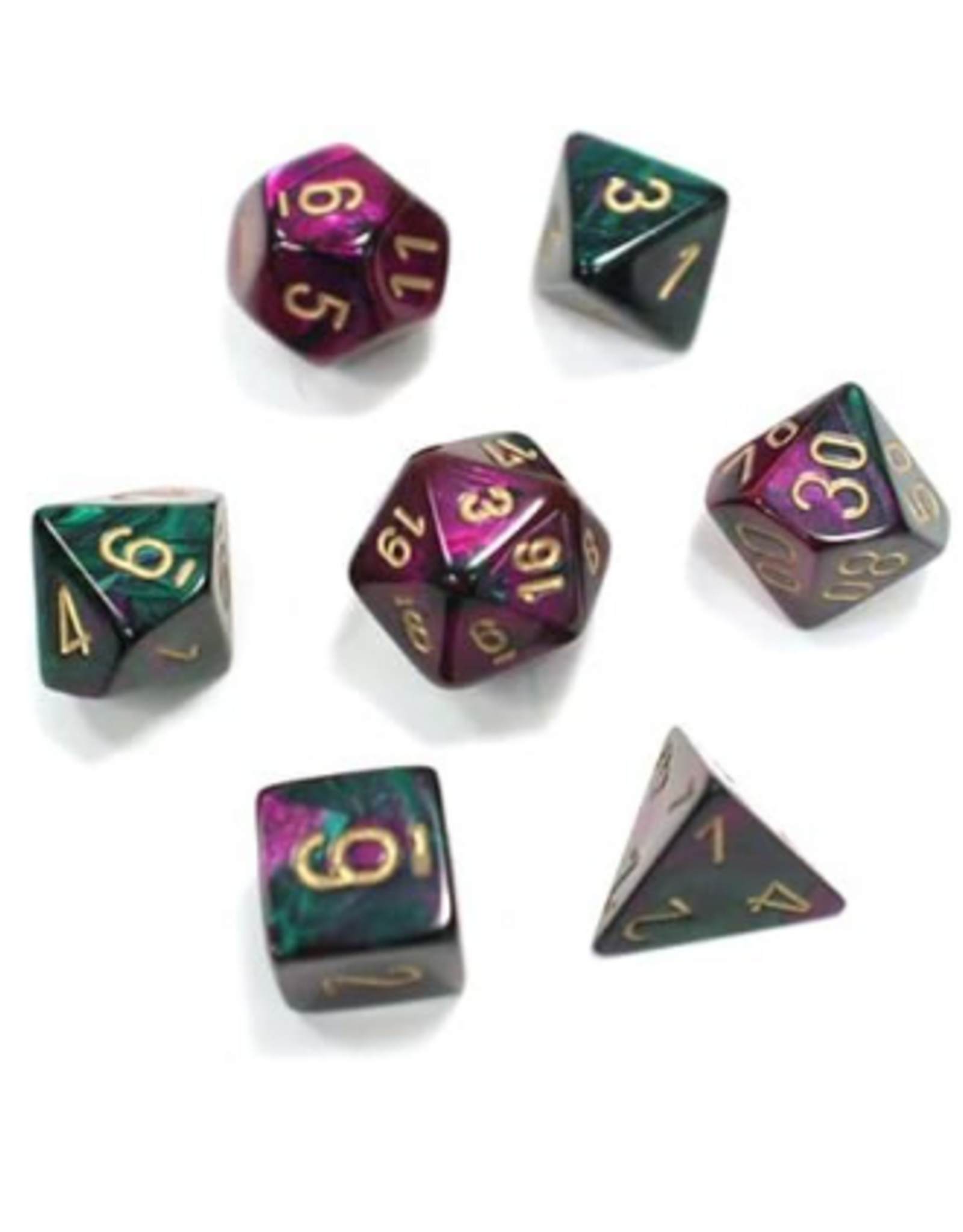 Chessex GEMINI 7-DIE SET GREEN-PURPLE/GOLD POLYHEDRAL