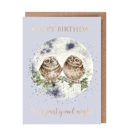 Wrendale Design Cards-Birthday 'Party Owl Night' Owl Gold Foiled